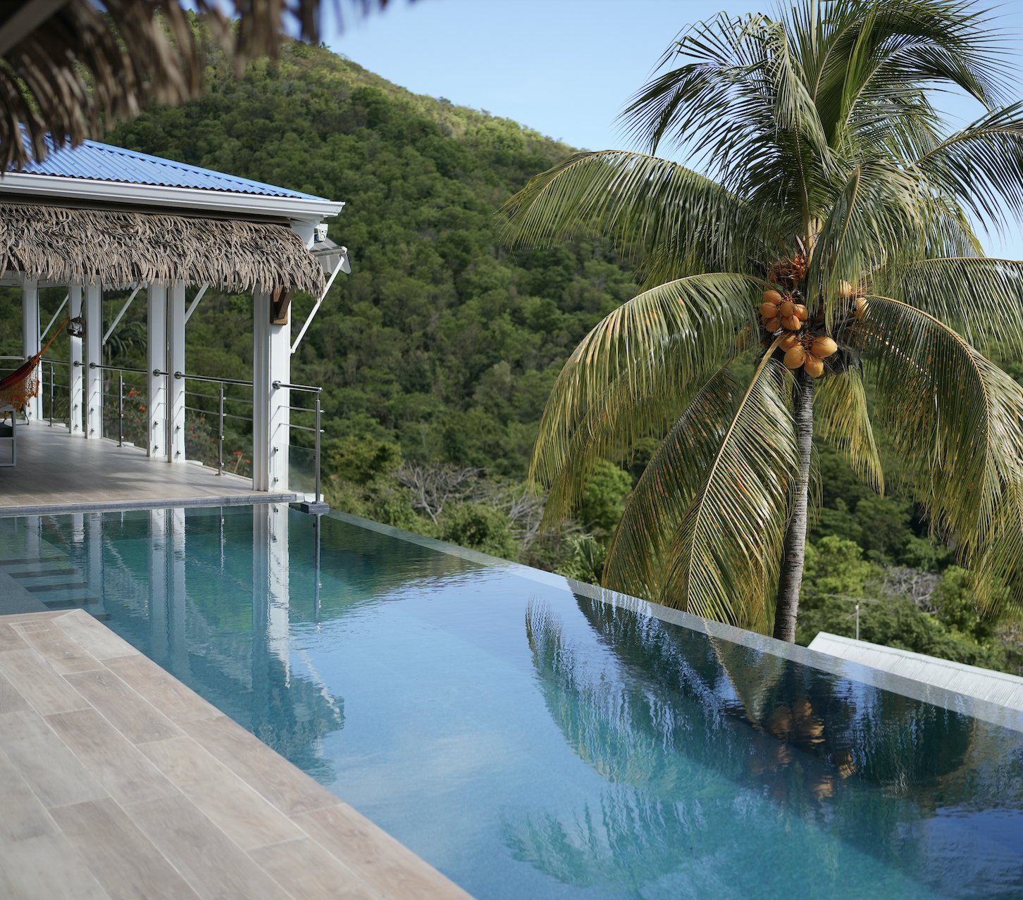 Villa Mana — la propriété, piscine à débordement et carbets face à la mer des Caraïbes